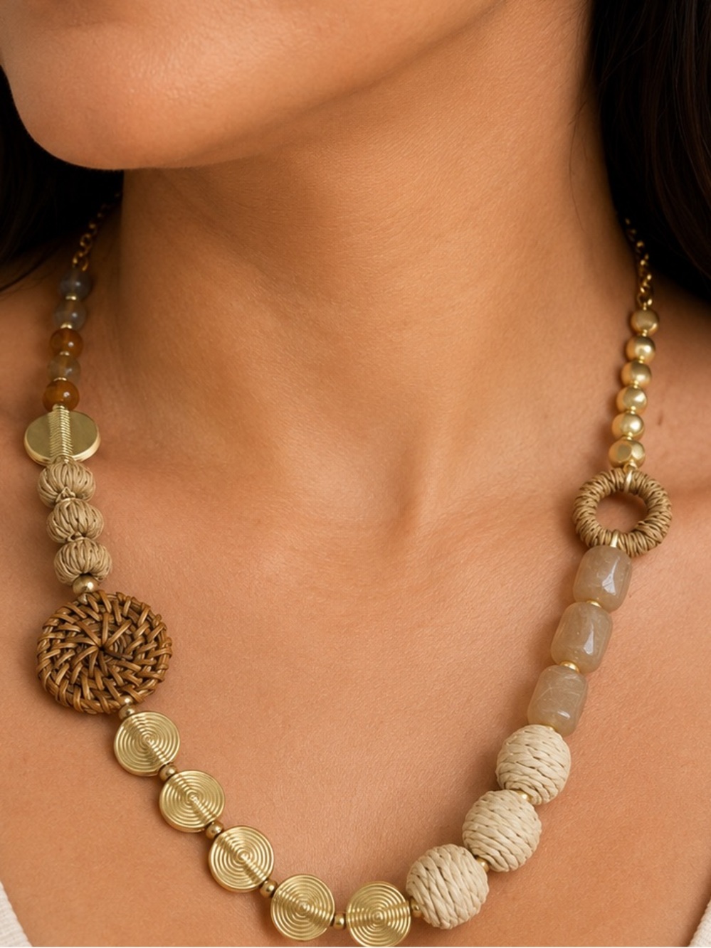Plunder Neutral Woven & Bead Necklace - Gold and Beige